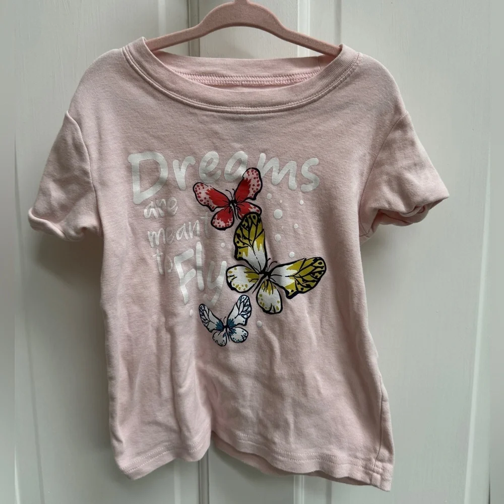 Daughter Queen 4T Girls Pink Butterfly Dreams Fly Short Sleeve Pajama Top Shirt